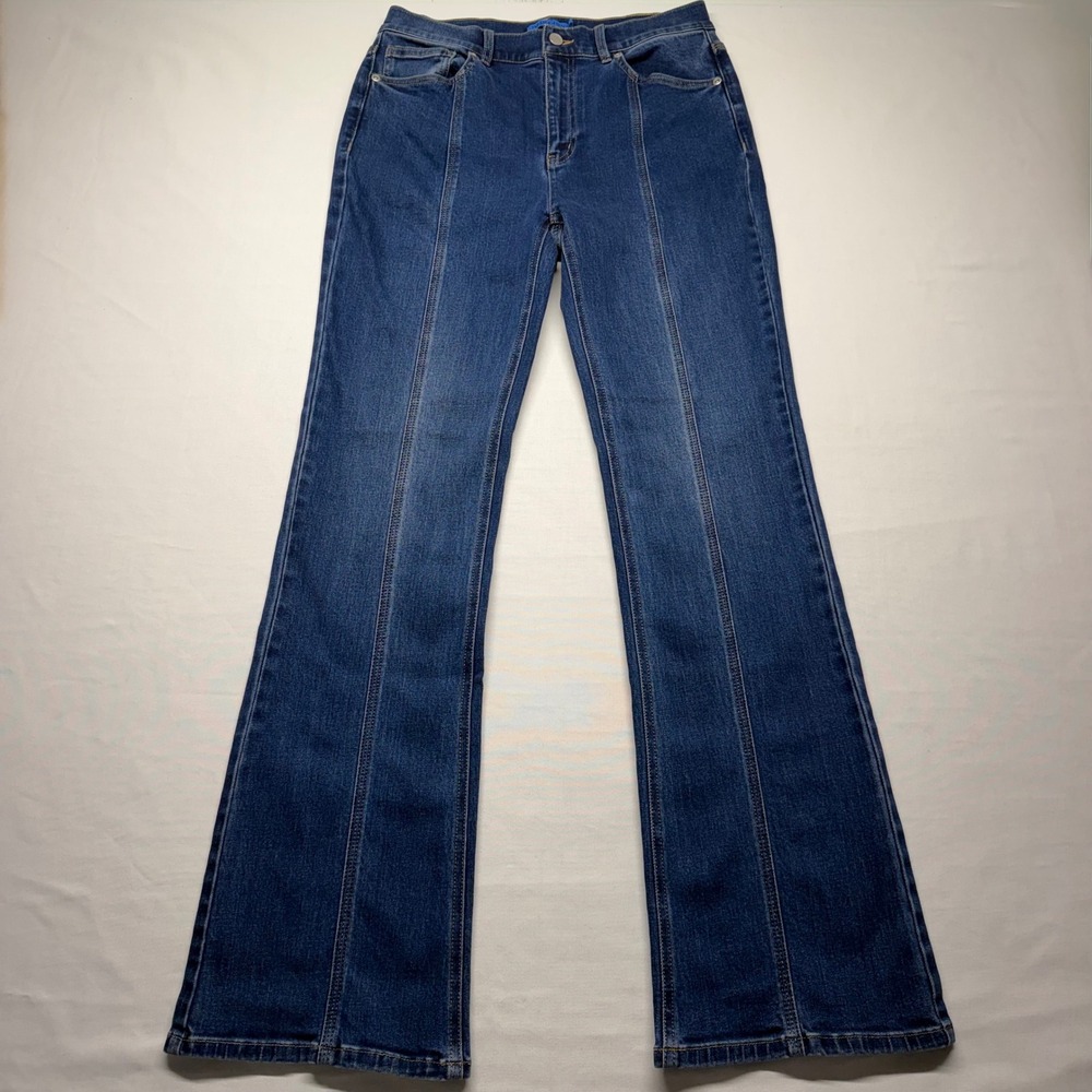 J McLaughlin Flare Jeans Womens 12 Blue High Rise Stretch Pintuck Seamed 31x24